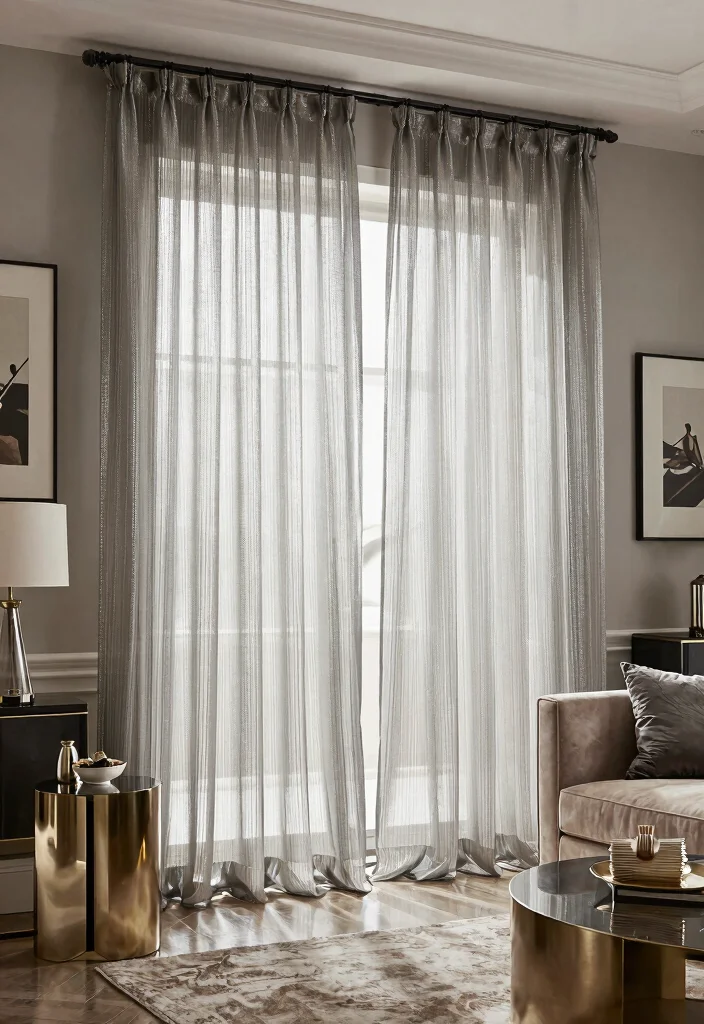 15 Trendy Sheer Curtains Living Room Ideas That'll Transform Your Space Instantly! - 12. Sheer Curtains with Metallic Accents 1