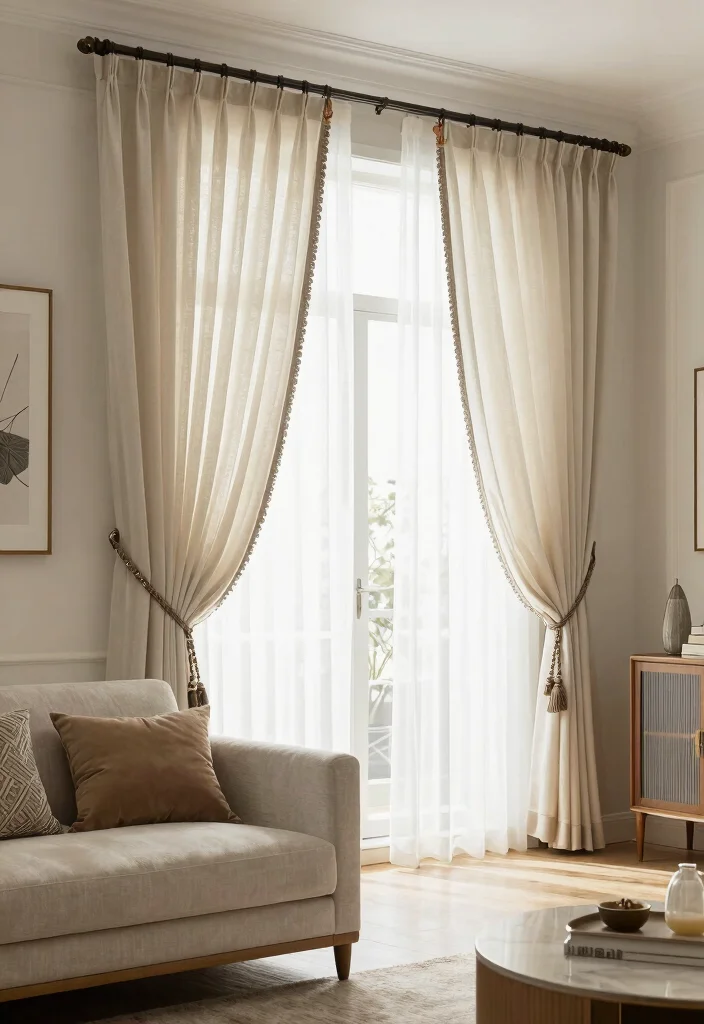 15 Trendy Sheer Curtains Living Room Ideas That'll Transform Your Space Instantly! - 14. Creative Tiebacks for Added Style 1