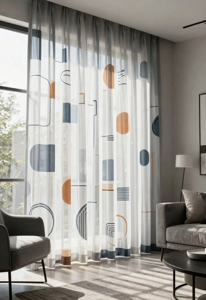 15 Trendy Sheer Curtains Living Room Ideas That'll Transform Your Space Instantly! - 15. Geometric Patterns for a Contemporary Style 1