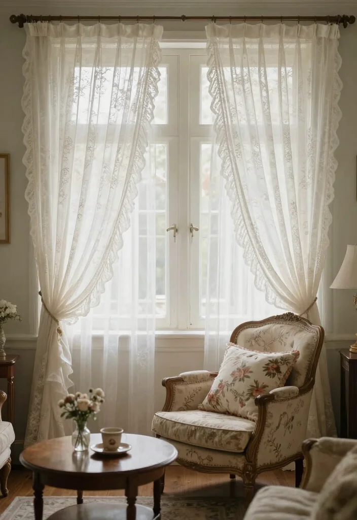 15 Trendy Sheer Curtains Living Room Ideas That'll Transform Your Space Instantly! - 6. Vintage Lace for a Romantic Touch 1