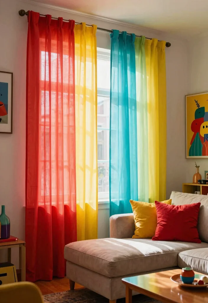 15 Trendy Sheer Curtains Living Room Ideas That'll Transform Your Space Instantly! - 7. Colorful Sheers for a Playful Vibe 1
