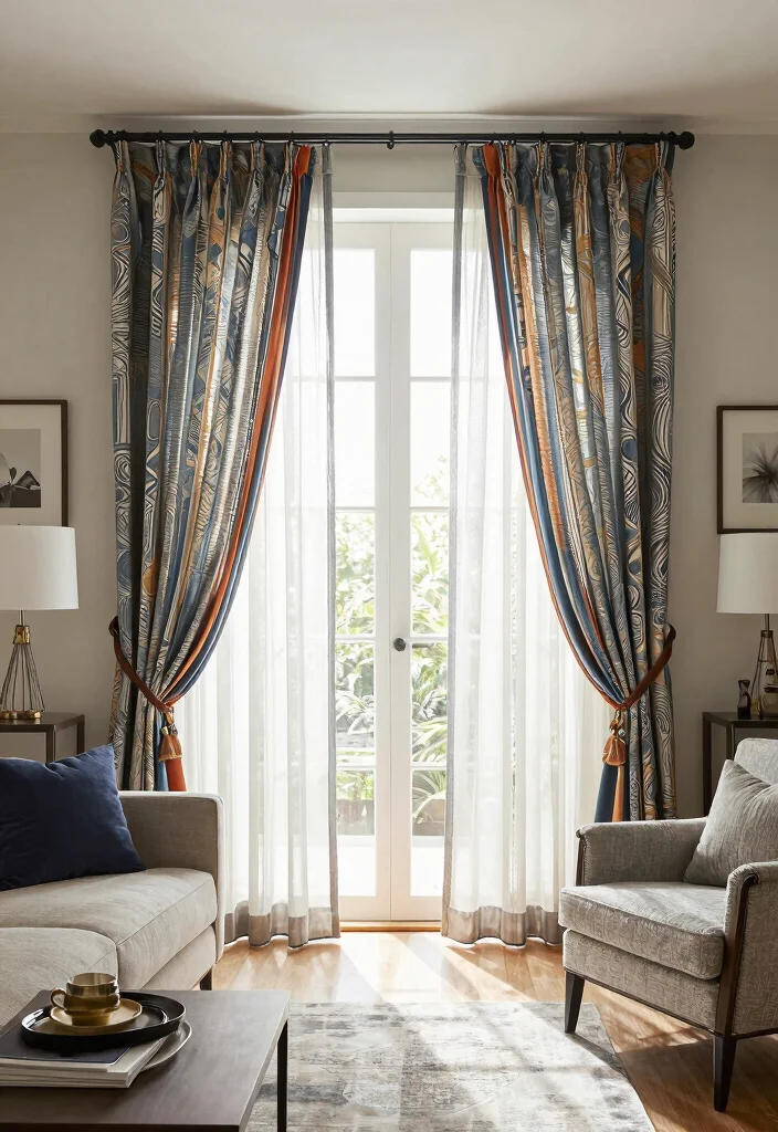 15 Trendy Sheer Curtains Living Room Ideas That'll Transform Your Space Instantly! - 9. Sheer Curtains with Bold Valances 1