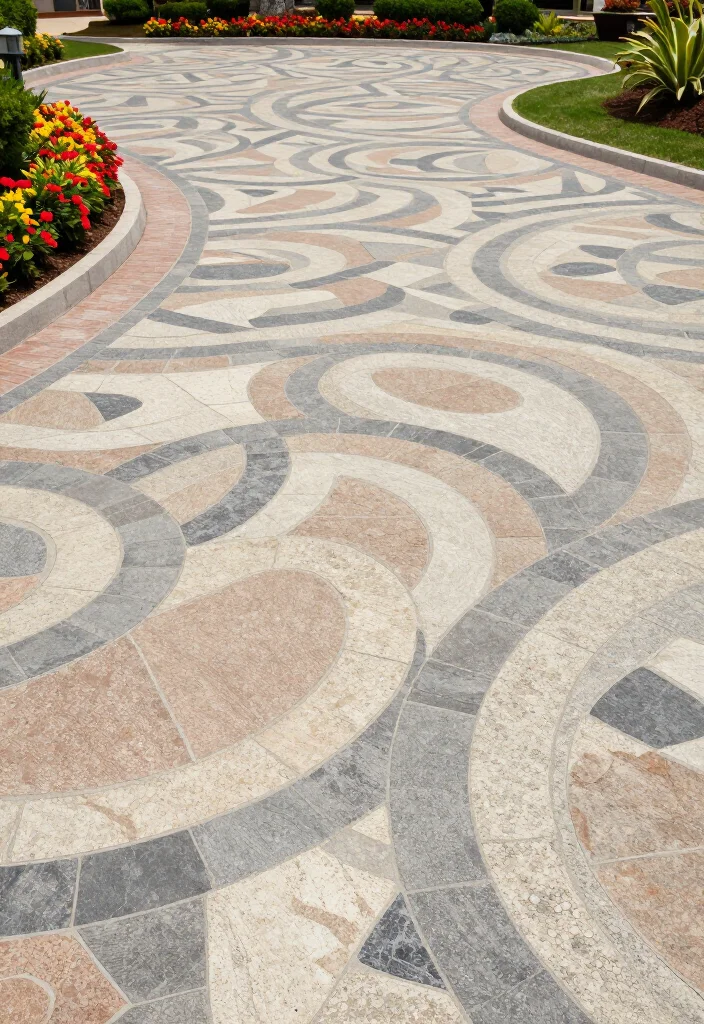 15 STUNNING Circular Driveway Ideas That Will Transform Your Home's Curb Appeal! - 15. Artistic Patterned Concrete Circular Driveway 1