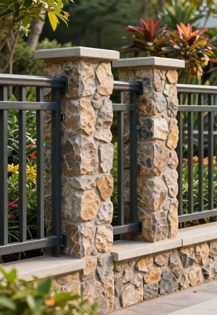 17 Best Stone Fence Ideas That Will Transform Your Garden into a Stunning Oasis! 57 17 Best Stone Fence Ideas That Will Transform Your Garden into a Stunning Oasis! - 15. Stone and Metal Fusion Fence 1