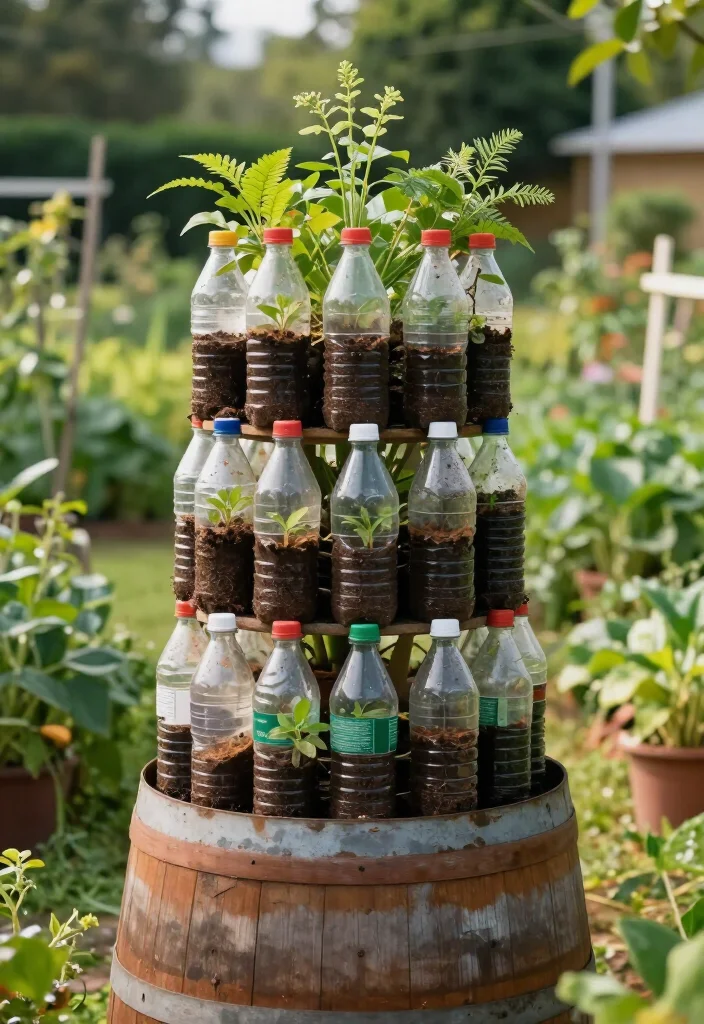 21 Plastic Bottle Vertical Garden Ideas You Can Start Today (You'll Be Amazed by #5!) - 14. Vertical Garden with Bottles in a Barrel 1