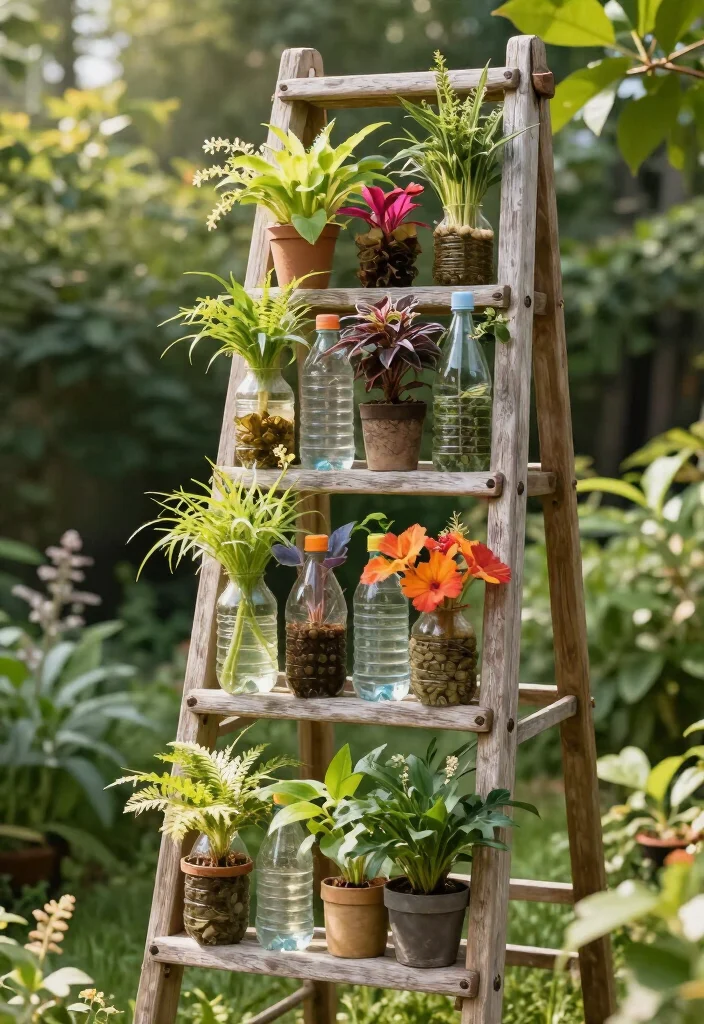 21 Plastic Bottle Vertical Garden Ideas You Can Start Today (You'll Be Amazed by #5!) - 15. Ladder Garden with Plastic Bottles 1