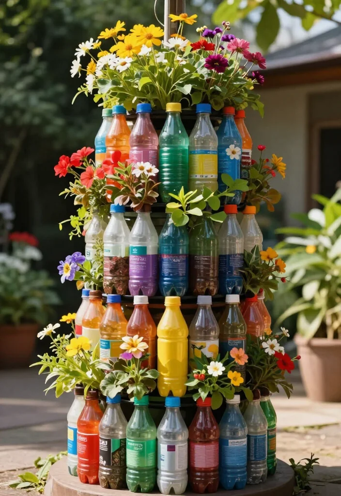21 Plastic Bottle Vertical Garden Ideas You Can Start Today (You'll Be Amazed by #5!) - 8. Colorful Vertical Garden Tower 1