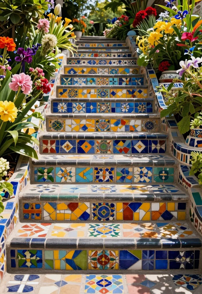 Elevate Your Landscape: 19 Creative Garden Stairs Ideas You Must See! - 13. Intricate Mosaic Steps 1