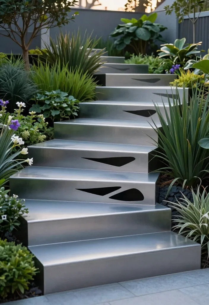 Elevate Your Landscape: 19 Creative Garden Stairs Ideas You Must See! - 15. Artistic Steel Steps 1