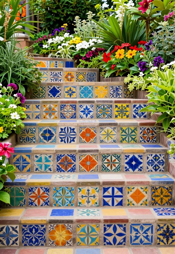 Elevate Your Landscape: 19 Creative Garden Stairs Ideas You Must See! - 7. Colorful Tile Steps 1