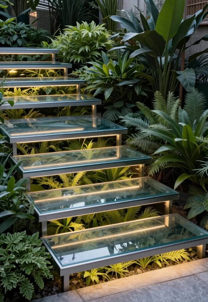 Elevate Your Landscape: 19 Creative Garden Stairs Ideas You Must See! - 9. Glass Steps for a Modern Twist 1