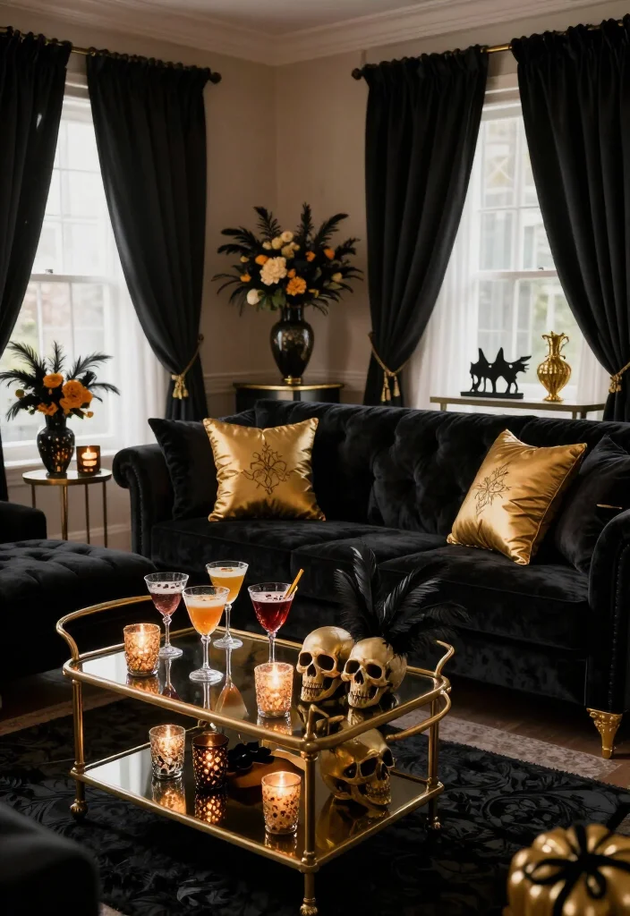 Get Ready for Spooks: 17 Halloween Living Room Ideas You’ll Wish You Knew Sooner! - 1. Haunted Elegance with Black and Gold 1