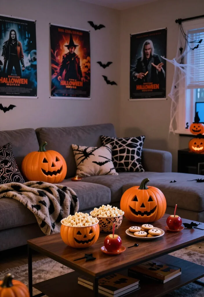 Get Ready for Spooks: 17 Halloween Living Room Ideas You’ll Wish You Knew Sooner! - 10. Themed Movie Night Setup 1