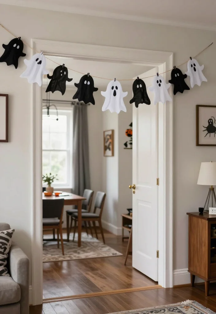 Get Ready for Spooks: 17 Halloween Living Room Ideas You’ll Wish You Knew Sooner! - 11. Ghostly Garlands and Banners 1