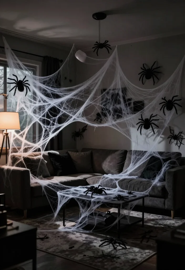 Get Ready for Spooks: 17 Halloween Living Room Ideas You’ll Wish You Knew Sooner! - 12. Cobwebs and Spiders: A Classic Touch 1