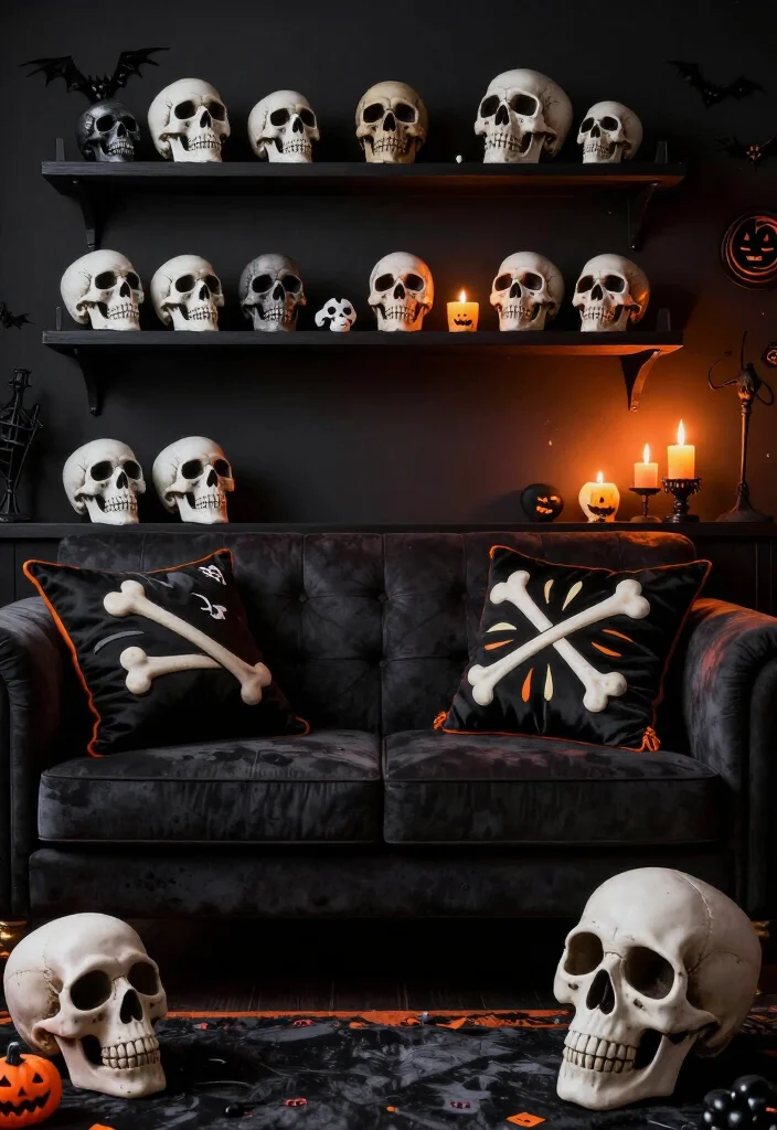Get Ready for Spooks: 17 Halloween Living Room Ideas You’ll Wish You Knew Sooner! - 13. Skull and Bone Accents 1