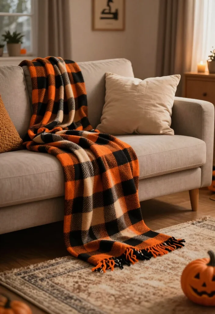 Get Ready for Spooks: 17 Halloween Living Room Ideas You’ll Wish You Knew Sooner! - 14. Flannel and Cozy Textiles 1