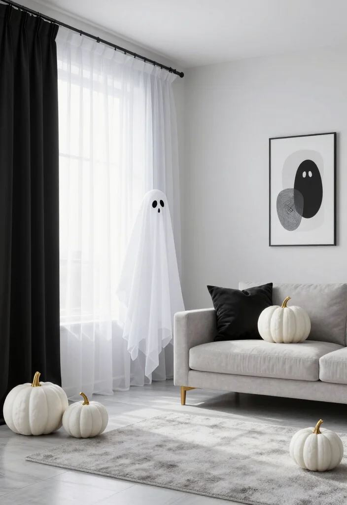 Get Ready for Spooks: 17 Halloween Living Room Ideas You’ll Wish You Knew Sooner! - 16. Minimalist Spooky Decor 1