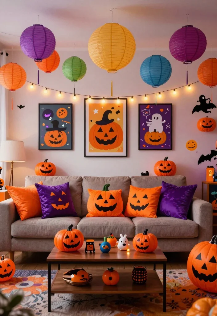 Get Ready for Spooks: 17 Halloween Living Room Ideas You’ll Wish You Knew Sooner! - 4. Whimsical Halloween: Colorful Decor 1