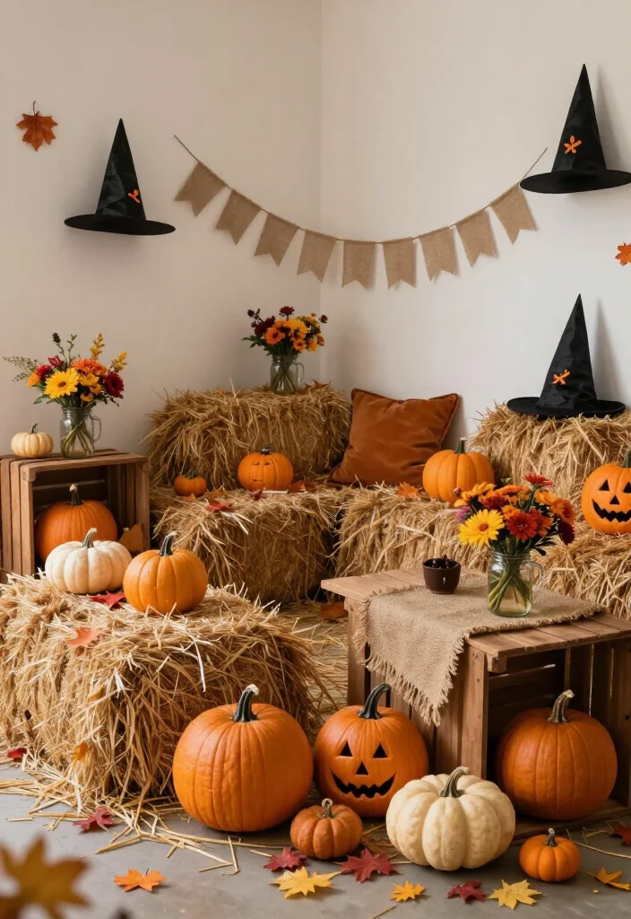 Get Ready for Spooks: 17 Halloween Living Room Ideas You’ll Wish You Knew Sooner! - 6. Rustic Halloween Charm with Hay Bales 1