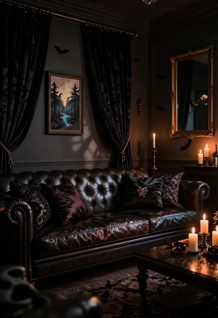 Get Ready for Spooks: 17 Halloween Living Room Ideas You’ll Wish You Knew Sooner! - 7. Mystery and Intrigue with Dark Fabrics 1