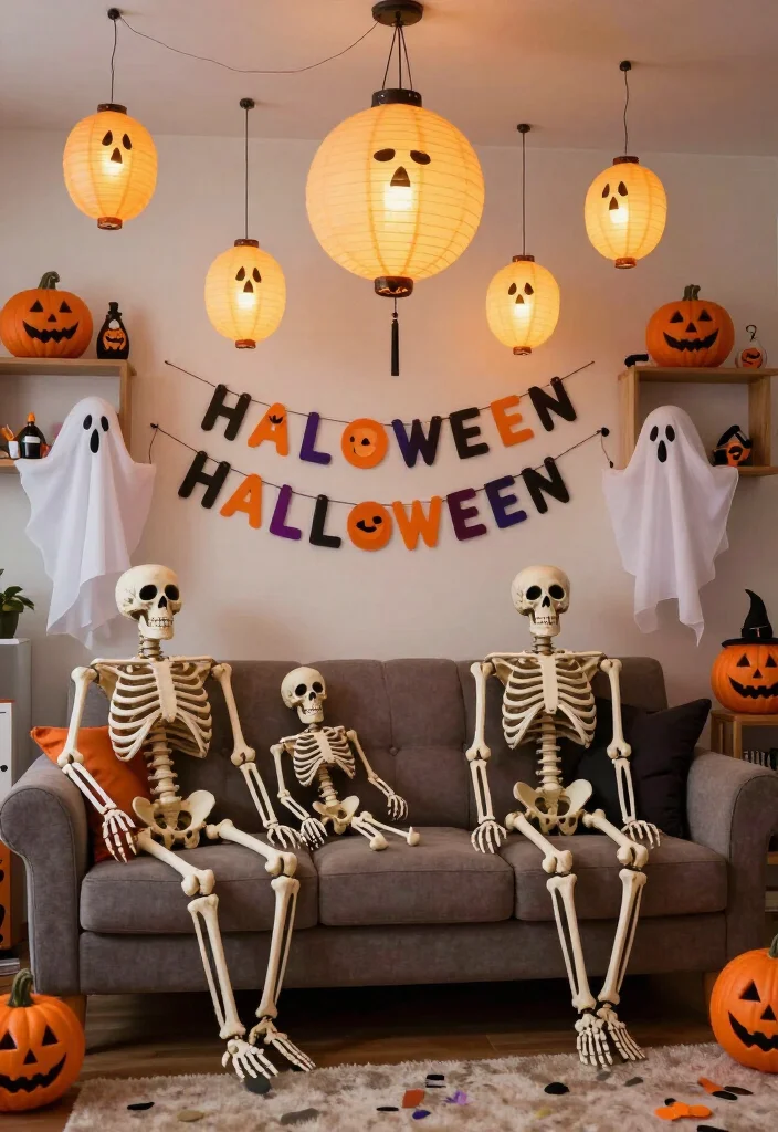 Get Ready for Spooks: 17 Halloween Living Room Ideas You’ll Wish You Knew Sooner! - 9. Playful Skeletons and Ghosts 1