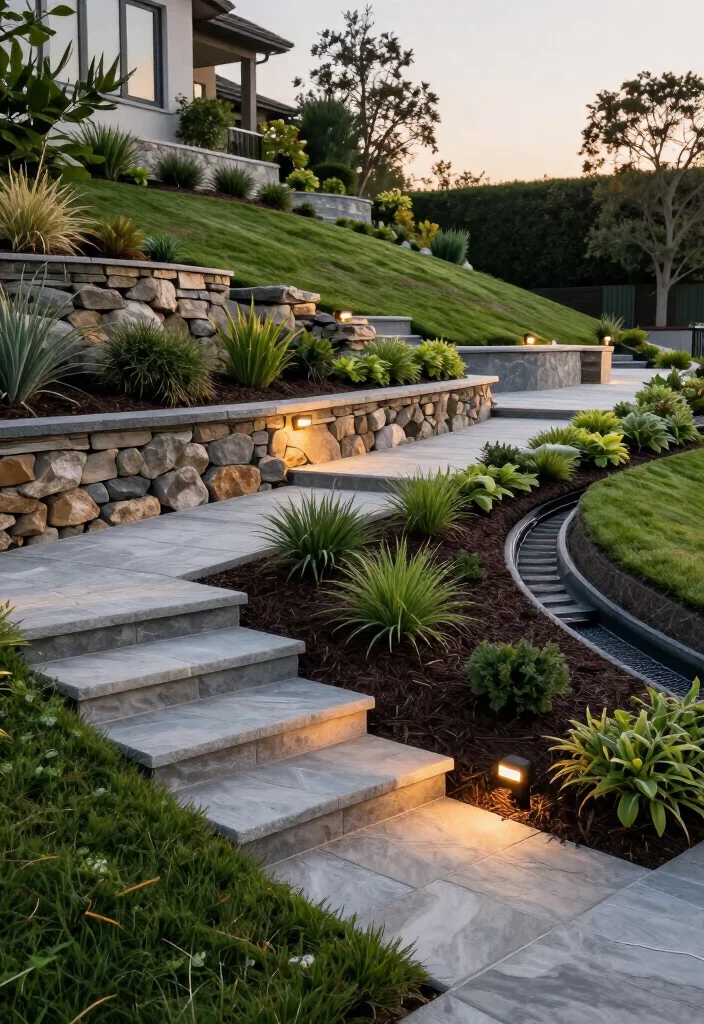 10 Beautiful, Stable Sloped Hillside Landscaping Ideas for a Safer Yard - 8. Use Lighting, Edges, and Small Details for Safety 1