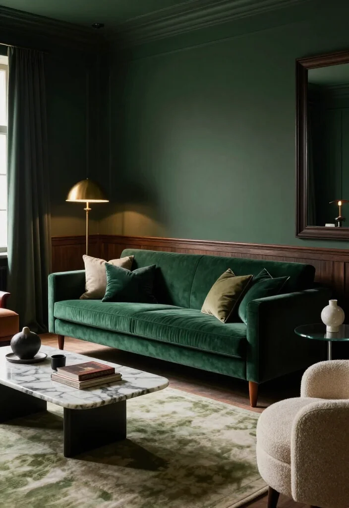 11 Dramatic Moody Green Living Room Ideas That Look Straight Out of a Luxury Hotel 2 11 Dramatic Moody Green Living Room Ideas That Look Straight Out of a Luxury Hotel - 1. Wrap the Room in Emerald Velvet 1