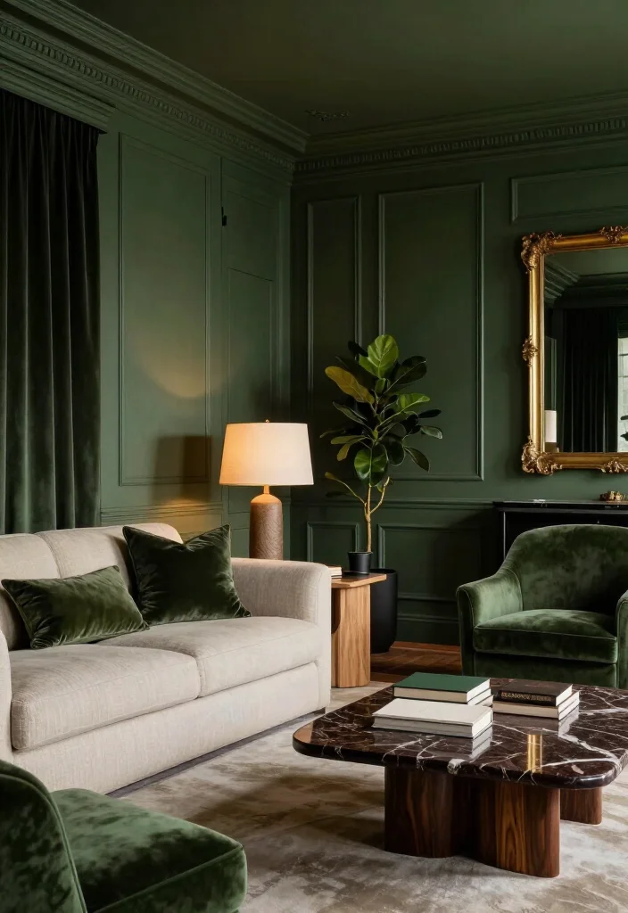 11 Dramatic Moody Green Living Room Ideas That Look Straight Out of a Luxury Hotel 55 11 Dramatic Moody Green Living Room Ideas That Look Straight Out of a Luxury Hotel - 10. Color-Drench the Walls, Ceiling, and Trim 1