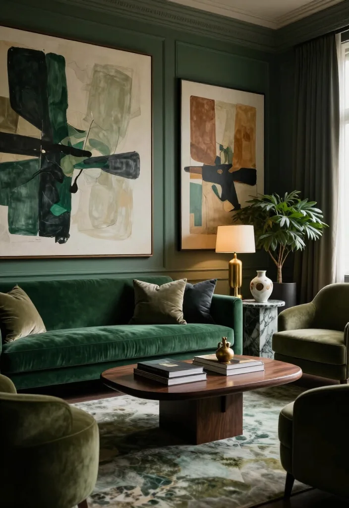 11 Dramatic Moody Green Living Room Ideas That Look Straight Out of a Luxury Hotel 56 11 Dramatic Moody Green Living Room Ideas That Look Straight Out of a Luxury Hotel - 11. Finish With Art-Led Emerald Green Decor 1