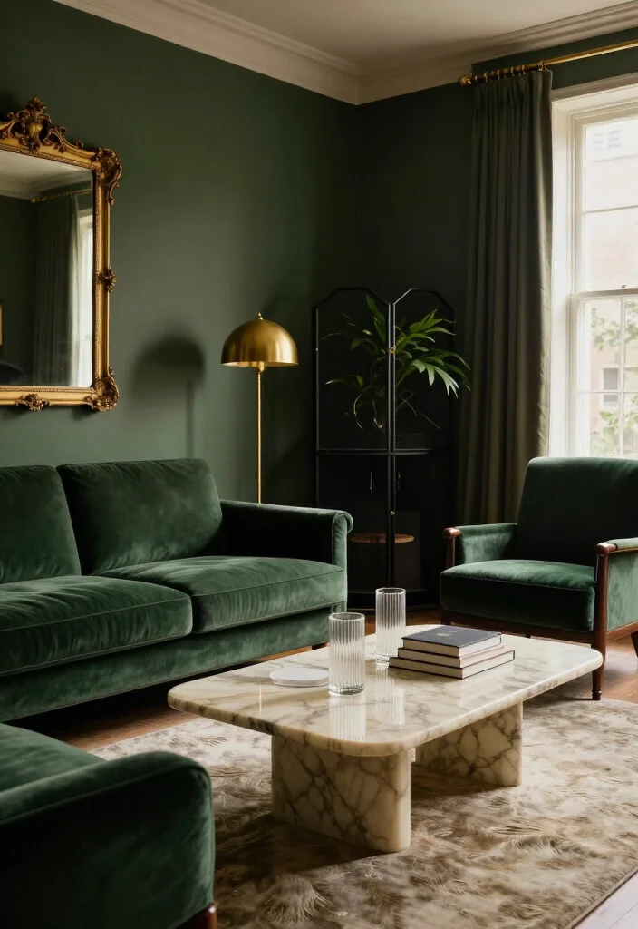11 Dramatic Moody Green Living Room Ideas That Look Straight Out of a Luxury Hotel 14 11 Dramatic Moody Green Living Room Ideas That Look Straight Out of a Luxury Hotel - 3. Pair Hunter Green With Antique Brass 1
