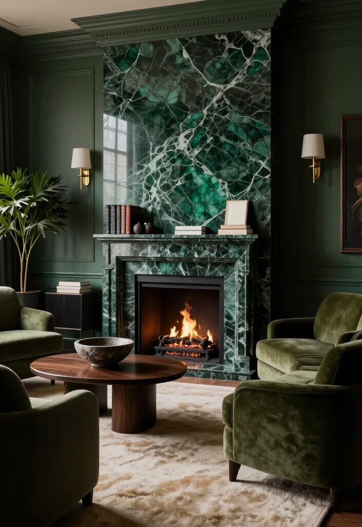 11 Dramatic Moody Green Living Room Ideas That Look Straight Out of a Luxury Hotel 25 11 Dramatic Moody Green Living Room Ideas That Look Straight Out of a Luxury Hotel - 4. Make a Green Marble Fireplace the Focal Point 1