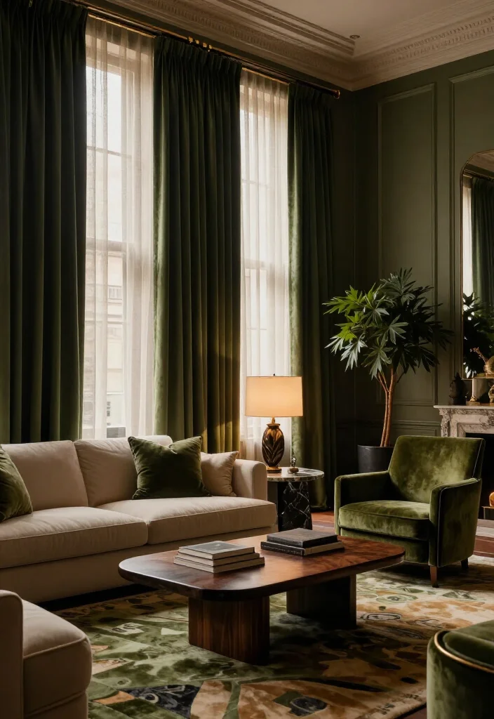 11 Dramatic Moody Green Living Room Ideas That Look Straight Out of a Luxury Hotel 26 11 Dramatic Moody Green Living Room Ideas That Look Straight Out of a Luxury Hotel - 5. Use Floor-to-Ceiling Green Drapery 1