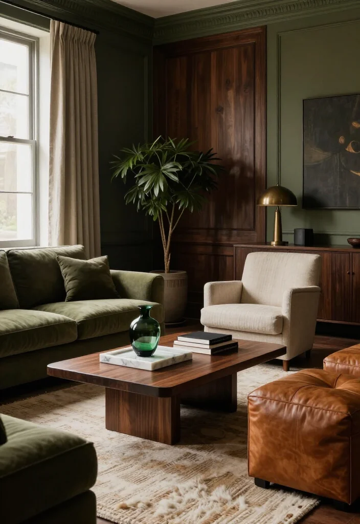 11 Dramatic Moody Green Living Room Ideas That Look Straight Out of a Luxury Hotel 40 11 Dramatic Moody Green Living Room Ideas That Look Straight Out of a Luxury Hotel - 7. Mix Olive Green With Dark Wood and Linen 1