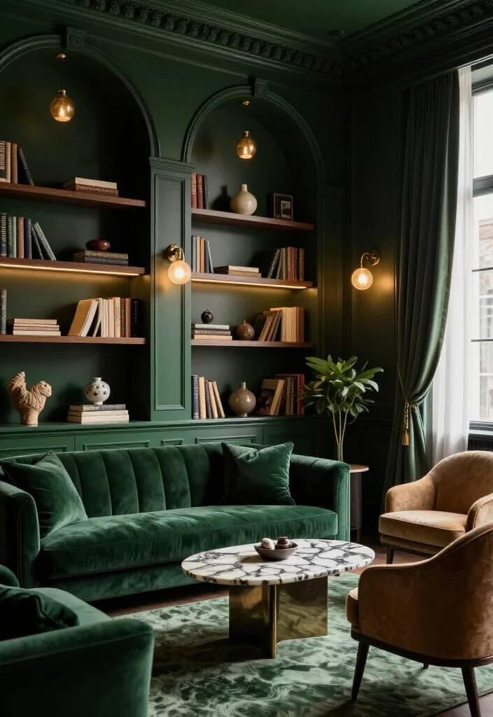 11 Dramatic Moody Green Living Room Ideas That Look Straight Out of a Luxury Hotel 41 11 Dramatic Moody Green Living Room Ideas That Look Straight Out of a Luxury Hotel - 8. Create a Green Library Lounge With Arched Details 1