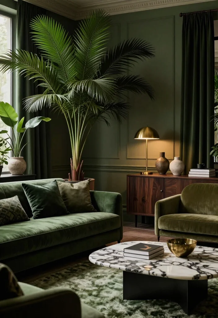 11 Dramatic Moody Green Living Room Ideas That Look Straight Out of a Luxury Hotel 42 11 Dramatic Moody Green Living Room Ideas That Look Straight Out of a Luxury Hotel - 9. Bring in Oversized Plants for a Botanical Hotel Mood 1