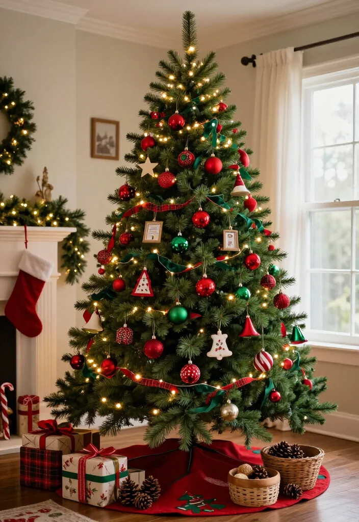 11 Red and Green Christmas Tree Ideas That’ll Make Your Home Feel Like a Holiday Movie (You’ll Want to Copy #7!) 23 11 Red and Green Christmas Tree Ideas That’ll Make Your Home Feel Like a Holiday Movie (You’ll Want to Copy #7!) - 10. A Family Tree Filled With Festive Ornaments and Stockings 1