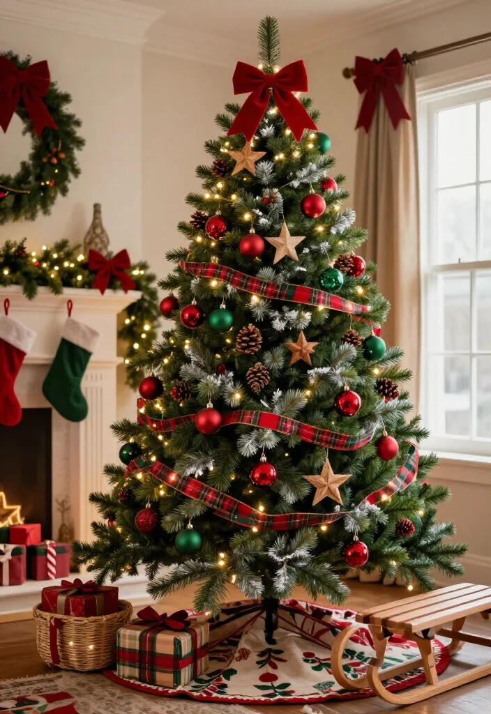11 Red and Green Christmas Tree Ideas That’ll Make Your Home Feel Like a Holiday Movie (You’ll Want to Copy #7!) 38 11 Red and Green Christmas Tree Ideas That’ll Make Your Home Feel Like a Holiday Movie (You’ll Want to Copy #7!) - 13. A Softly Rustic Tree With Red Velvet Bows and Green Flocked Branches 1