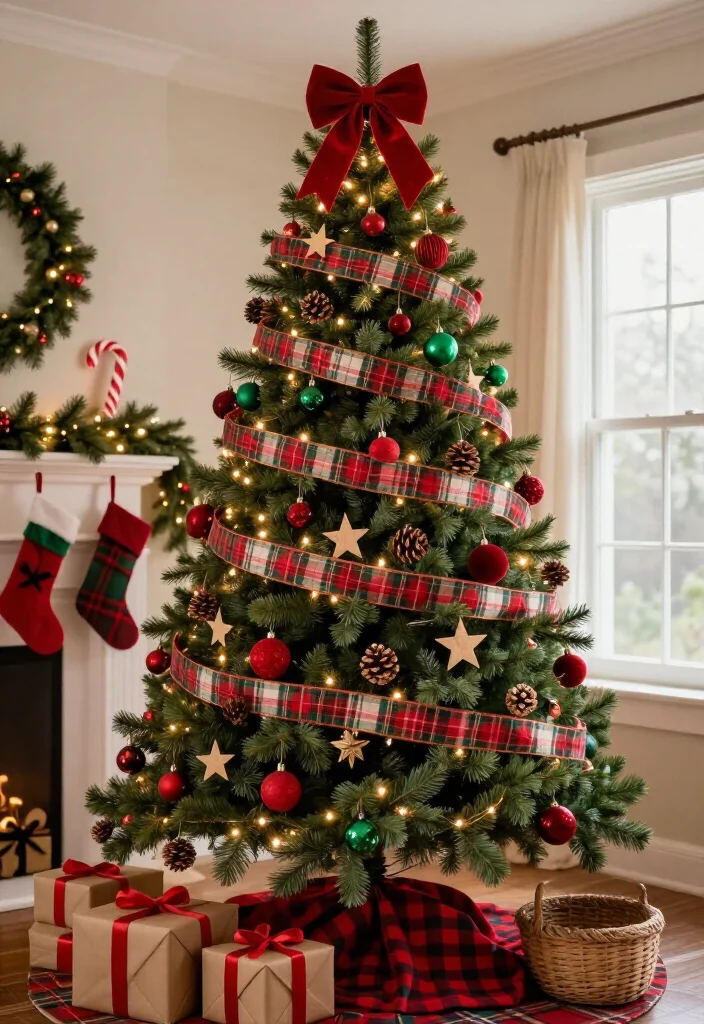 11 Red and Green Christmas Tree Ideas That’ll Make Your Home Feel Like a Holiday Movie (You’ll Want to Copy #7!) 13 11 Red and Green Christmas Tree Ideas That’ll Make Your Home Feel Like a Holiday Movie (You’ll Want to Copy #7!) - 2. Tartan Ribbon With Velvet Red Ornaments 1