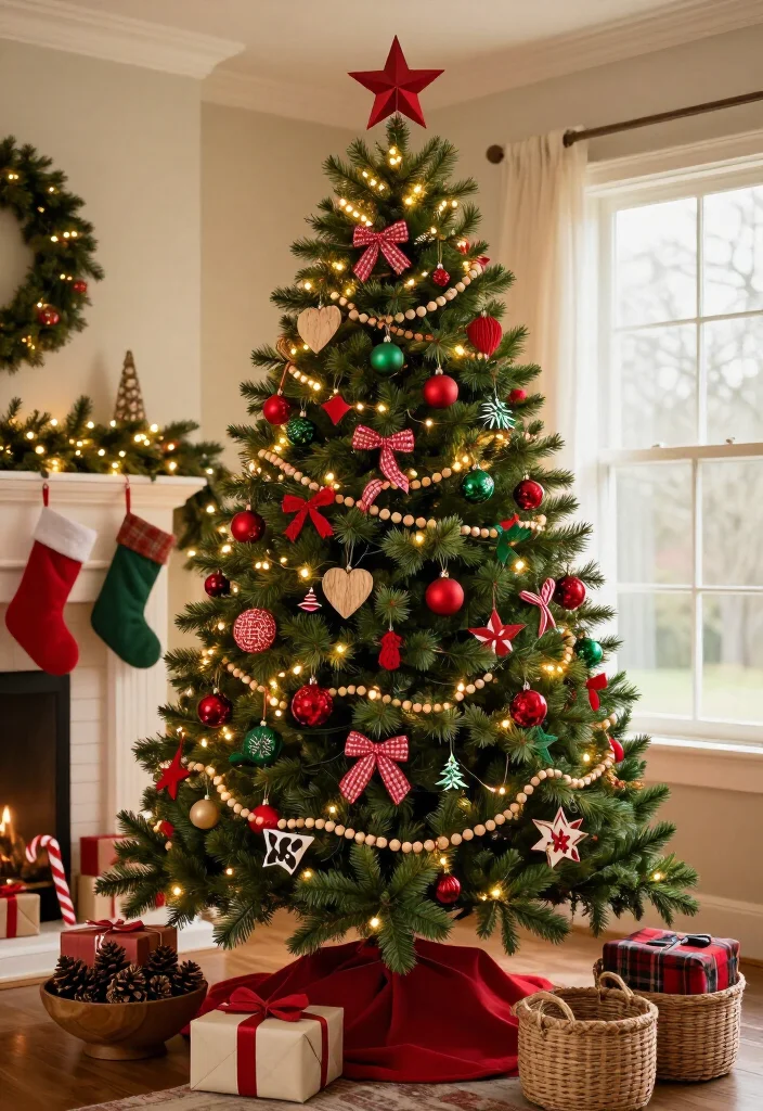 11 Red and Green Christmas Tree Ideas That’ll Make Your Home Feel Like a Holiday Movie (You’ll Want to Copy #7!) 17 11 Red and Green Christmas Tree Ideas That’ll Make Your Home Feel Like a Holiday Movie (You’ll Want to Copy #7!) - 6. A Cozy Farmhouse Tree With Baskets and Handmade Details 1