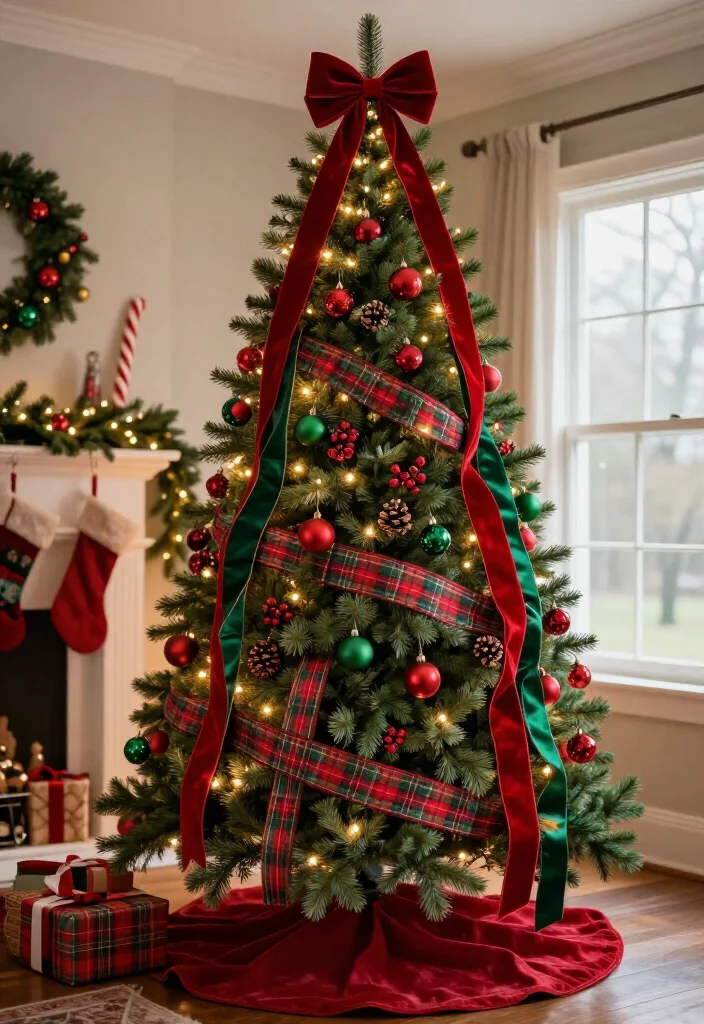 11 Red and Green Christmas Tree Ideas That’ll Make Your Home Feel Like a Holiday Movie (You’ll Want to Copy #7!) 18 11 Red and Green Christmas Tree Ideas That’ll Make Your Home Feel Like a Holiday Movie (You’ll Want to Copy #7!) - 7. The Layered Ribbon Tree That Feels Straight From a Holiday Movie 1