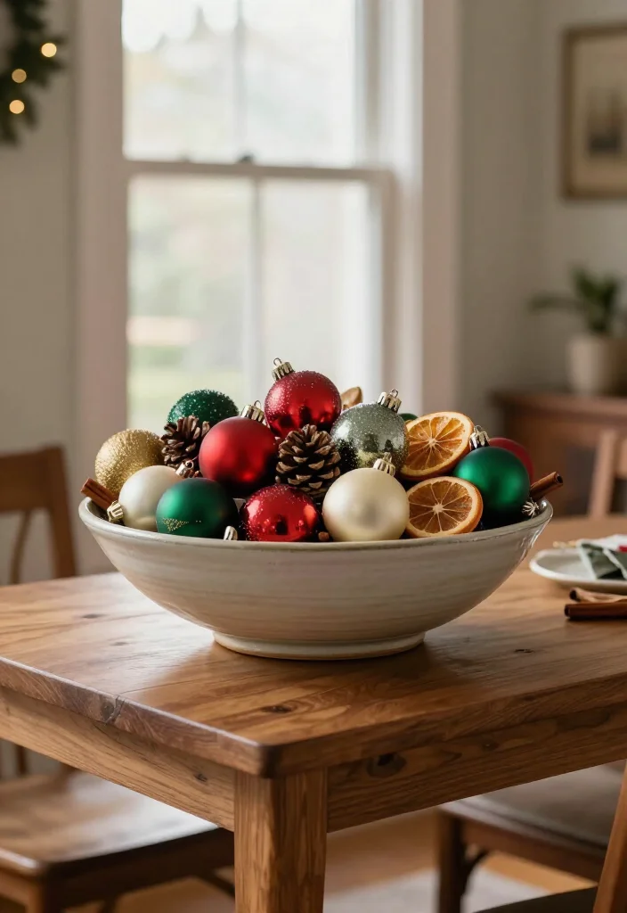 11 Small Christmas Decor Changes That Make Your Home Feel Instantly Festive (Without Spending a Fortune!) - 7. Fill a Bowl or Vase with Shiny Ornaments 1