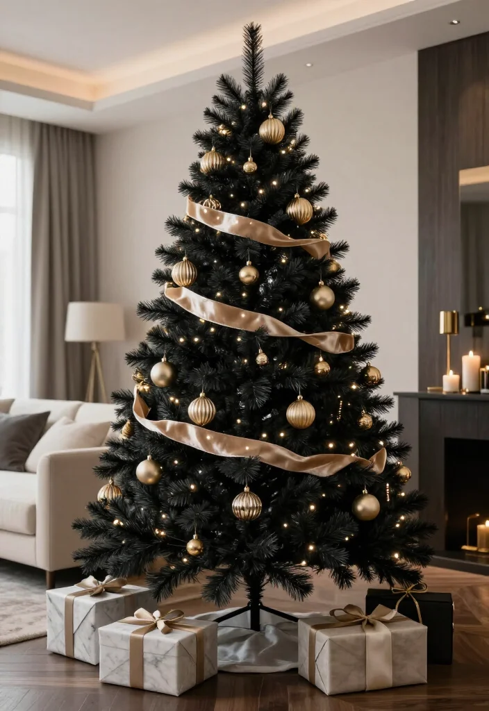 13 Elegant Black Christmas Tree Ideas That'll Make Your Holiday Decor Look Instantly Luxurious - 1. Champagne Gold Ornaments on a Matte Black Tree 1