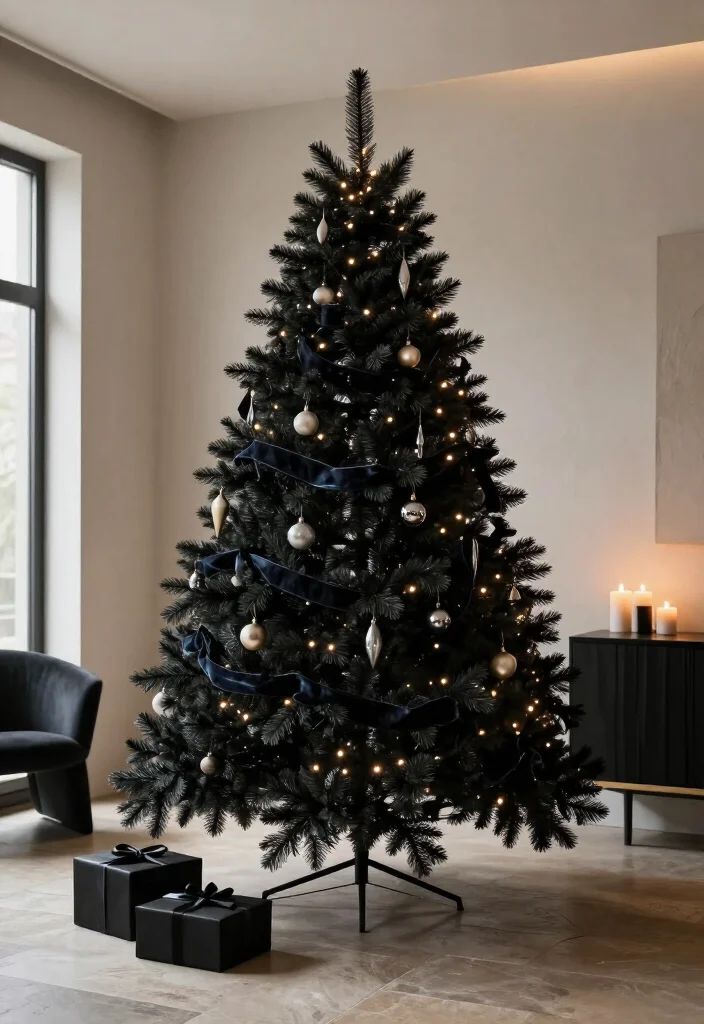 13 Elegant Black Christmas Tree Ideas That'll Make Your Holiday Decor Look Instantly Luxurious - 10. An Asymmetrical Black Tree with Modern Shape 1