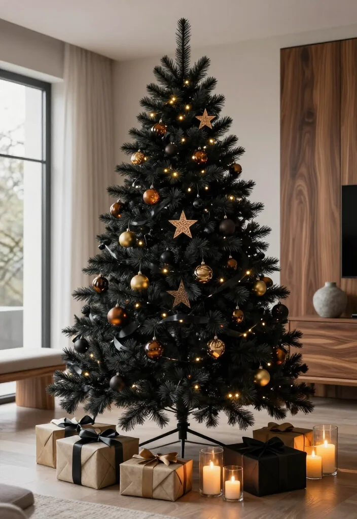 13 Elegant Black Christmas Tree Ideas That'll Make Your Holiday Decor Look Instantly Luxurious - 12. Warm Candlelight and Natural Wood Accents 1