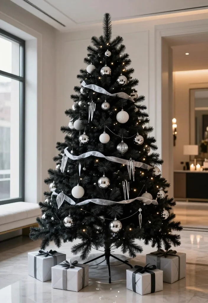 13 Elegant Black Christmas Tree Ideas That'll Make Your Holiday Decor Look Instantly Luxurious - 3. Silver and White Contrast for a Crisp Modern Tree 1