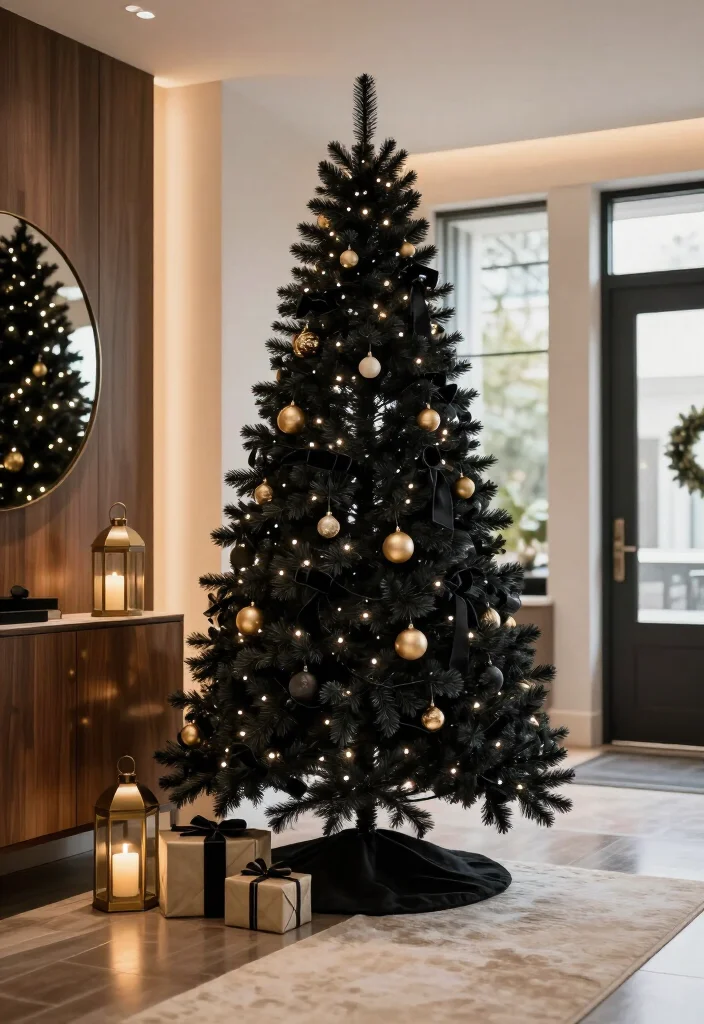 13 Elegant Black Christmas Tree Ideas That'll Make Your Holiday Decor Look Instantly Luxurious - 4. A Slim Black Tree for a Small Entryway 1