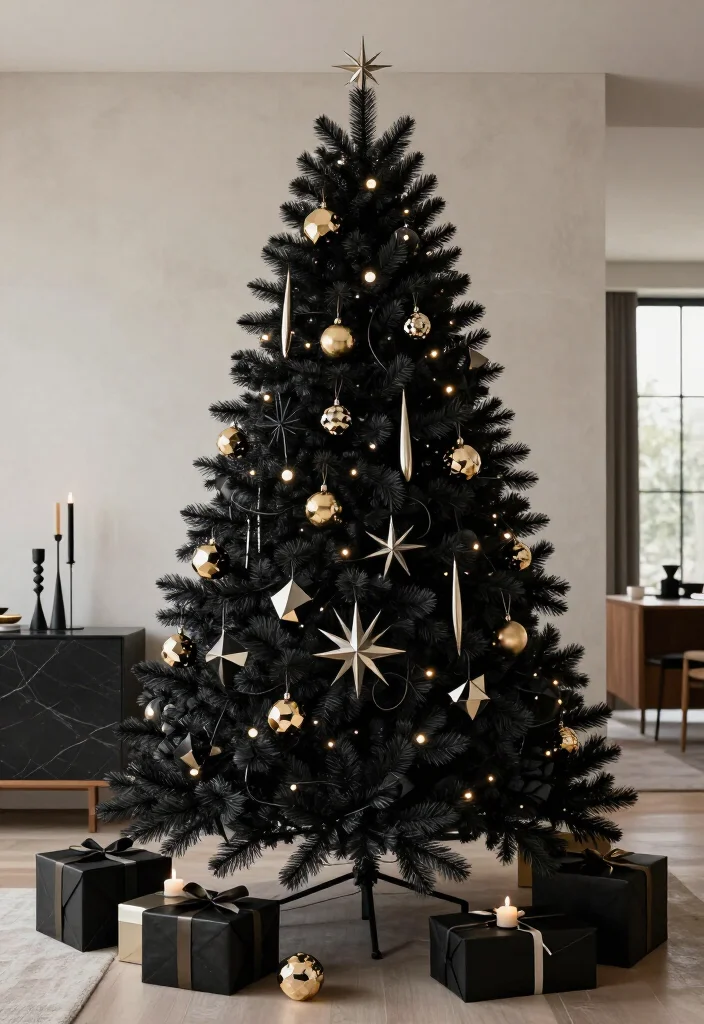 13 Elegant Black Christmas Tree Ideas That'll Make Your Holiday Decor Look Instantly Luxurious - 5. Sculptural Metallic Ornaments for an Artful Statement 1