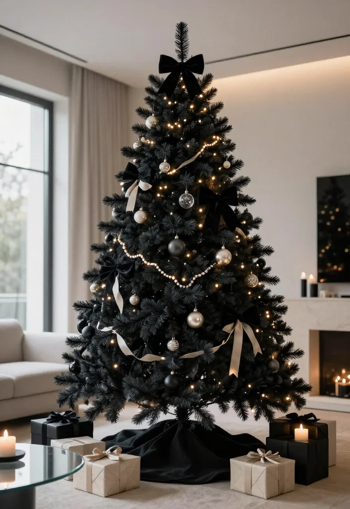 13 Elegant Black Christmas Tree Ideas That'll Make Your Holiday Decor Look Instantly Luxurious - 6. A Black Flocked Tree with Soft Winter Texture 1