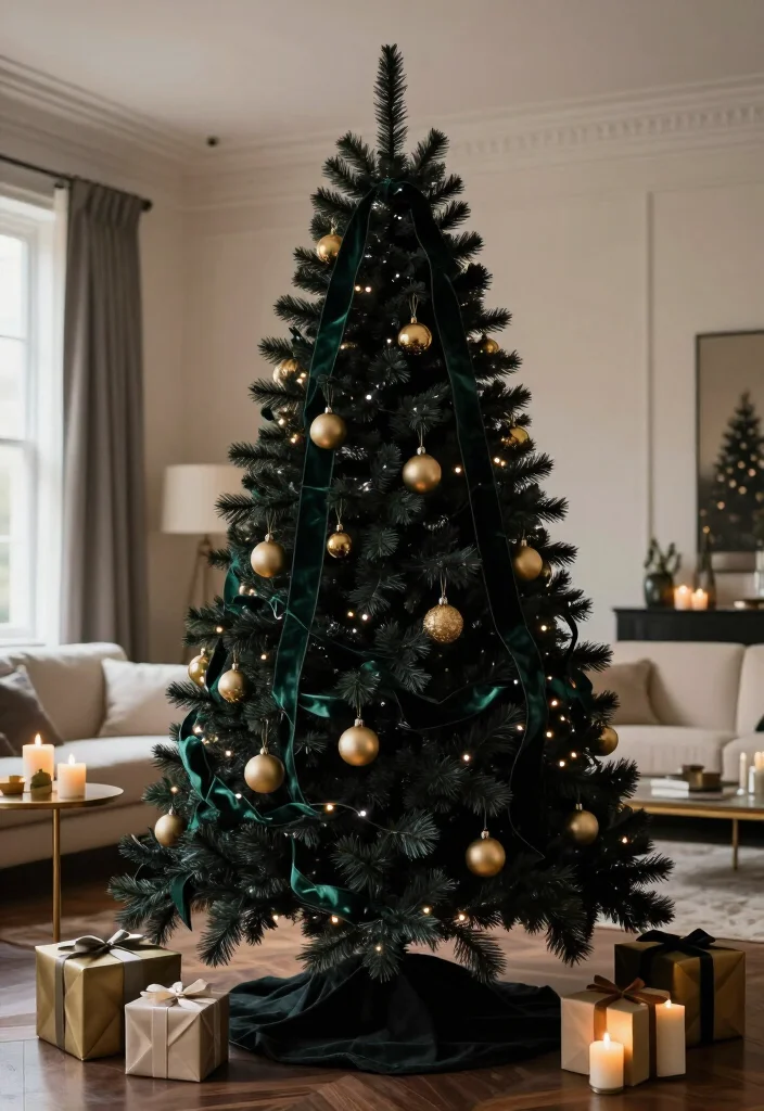13 Elegant Black Christmas Tree Ideas That'll Make Your Holiday Decor Look Instantly Luxurious - 7. A Velvet Ribbon Cascade with Minimal Ornaments 1